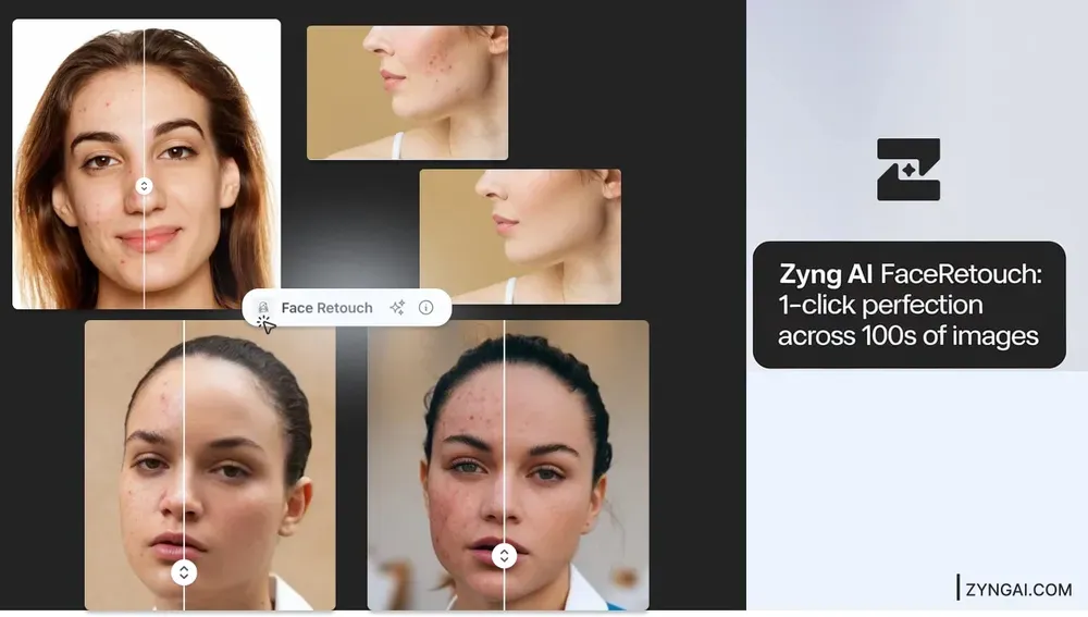 AI face retouching applied to a fashion model